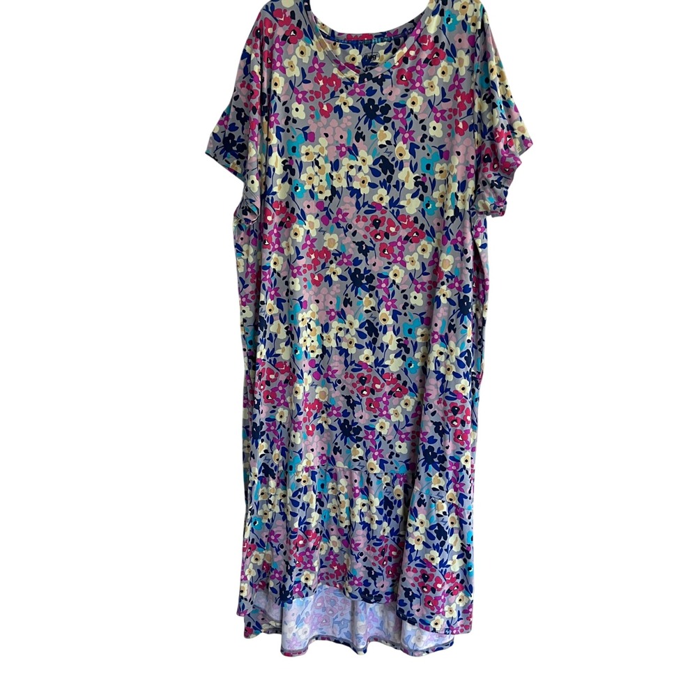Lug Swing Dress 3X Plus Grey Multi Floral V-Neck Ruffle Hem Recycled Fabric
